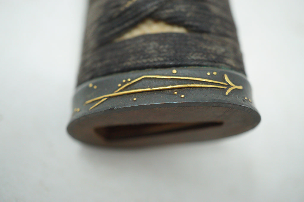 Antique Edo Period Japanese Wakizashi Tsuka • Arrow Motif Gold Inlay Fuchi • Geometric Mixed-Metal Menuki Sword Handle 0623G8