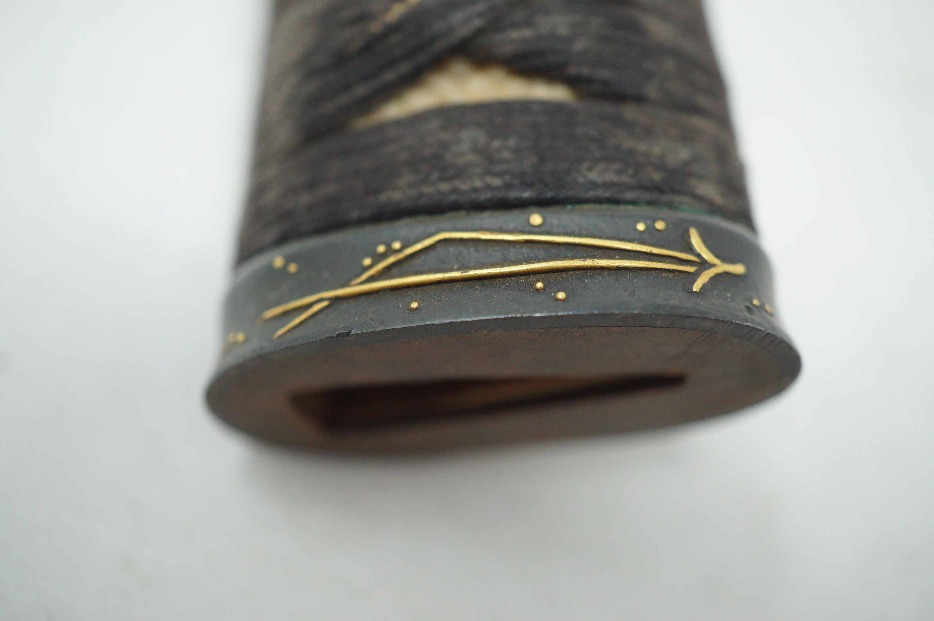 Antique Edo Period Japanese Wakizashi Tsuka • Arrow Motif Gold Inlay Fuchi • Geometric Mixed-Metal Menuki Sword Handle 0623G8