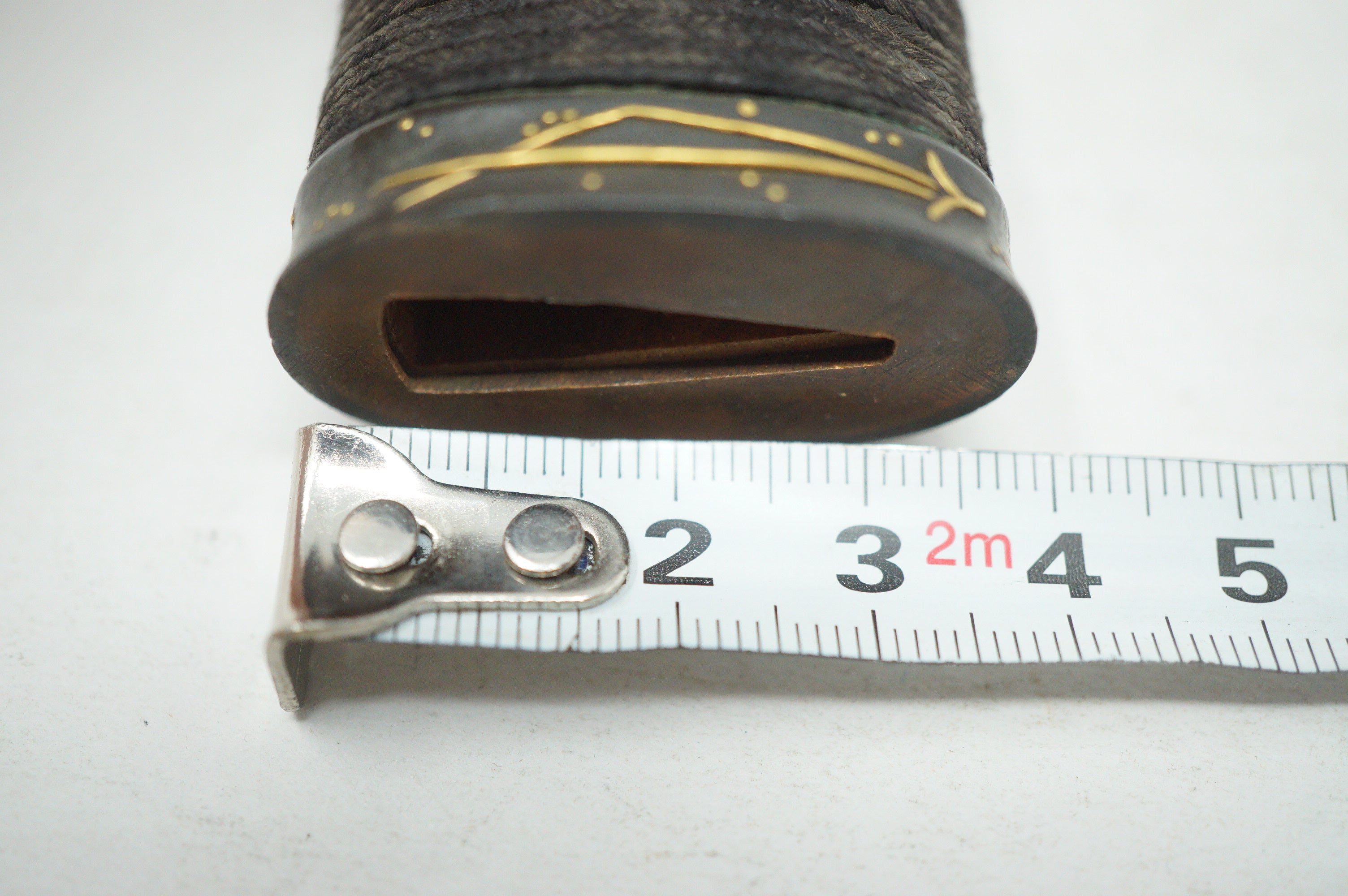Antique Edo Period Japanese Wakizashi Tsuka • Arrow Motif Gold Inlay Fuchi • Geometric Mixed-Metal Menuki Sword Handle 0623G8
