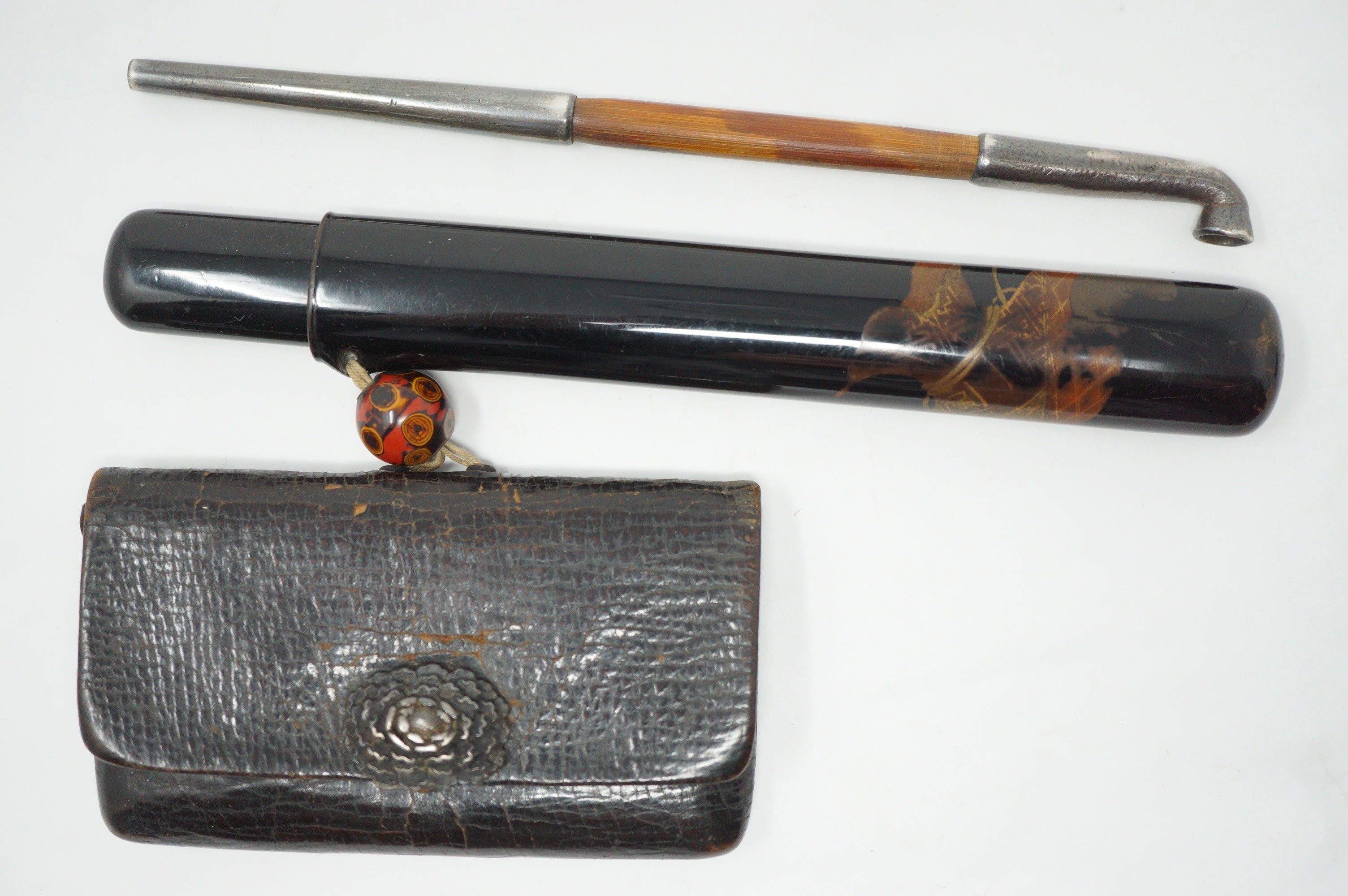 Japanese Antique Tobacco Ire Set with fine  Silver-Maekanagu, Pipe & Lacquered Kiserudzutsu 0204F9