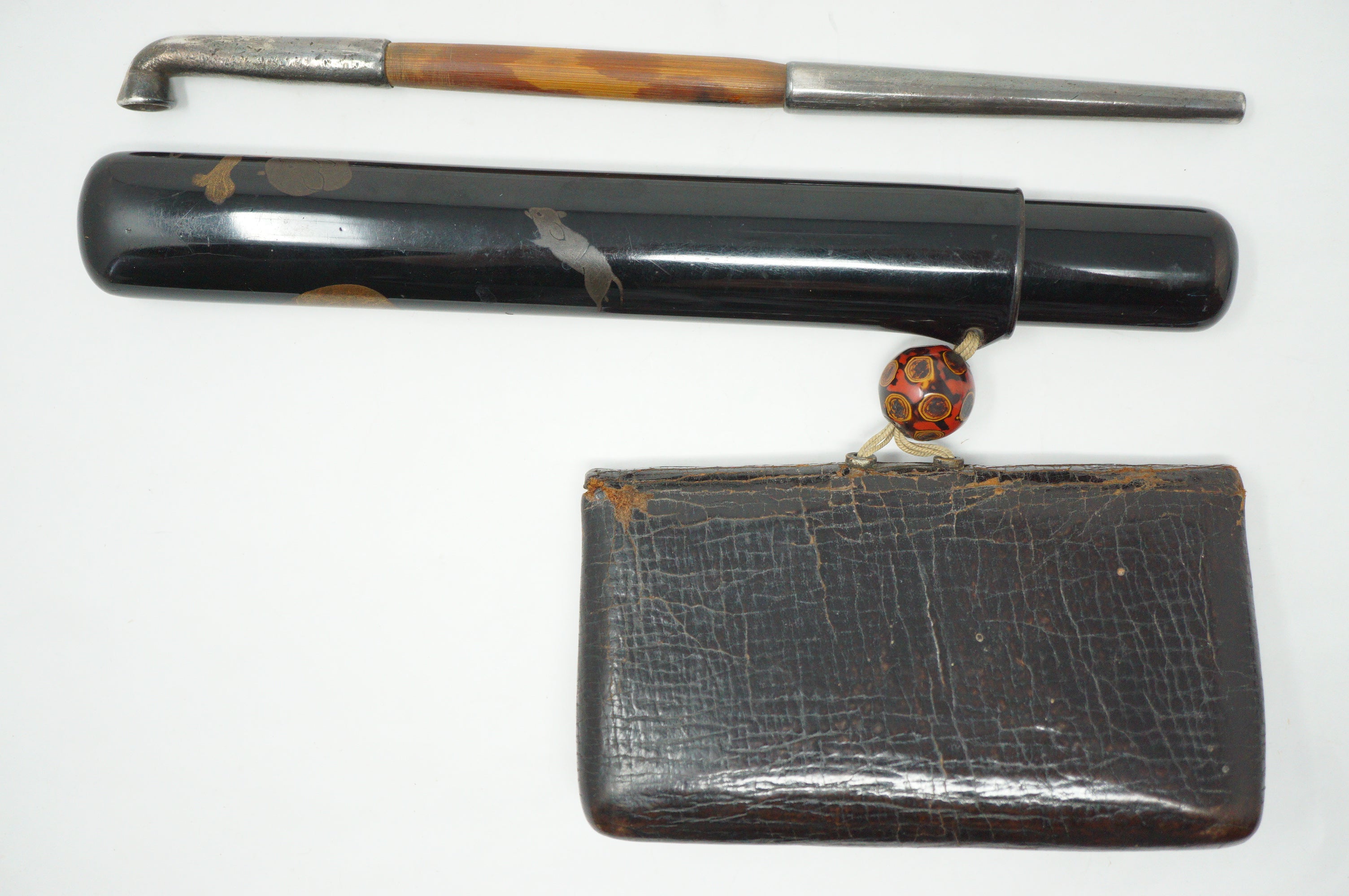 Japanese Antique Tobacco Ire Set with fine  Silver-Maekanagu, Pipe & Lacquered Kiserudzutsu 0204F9