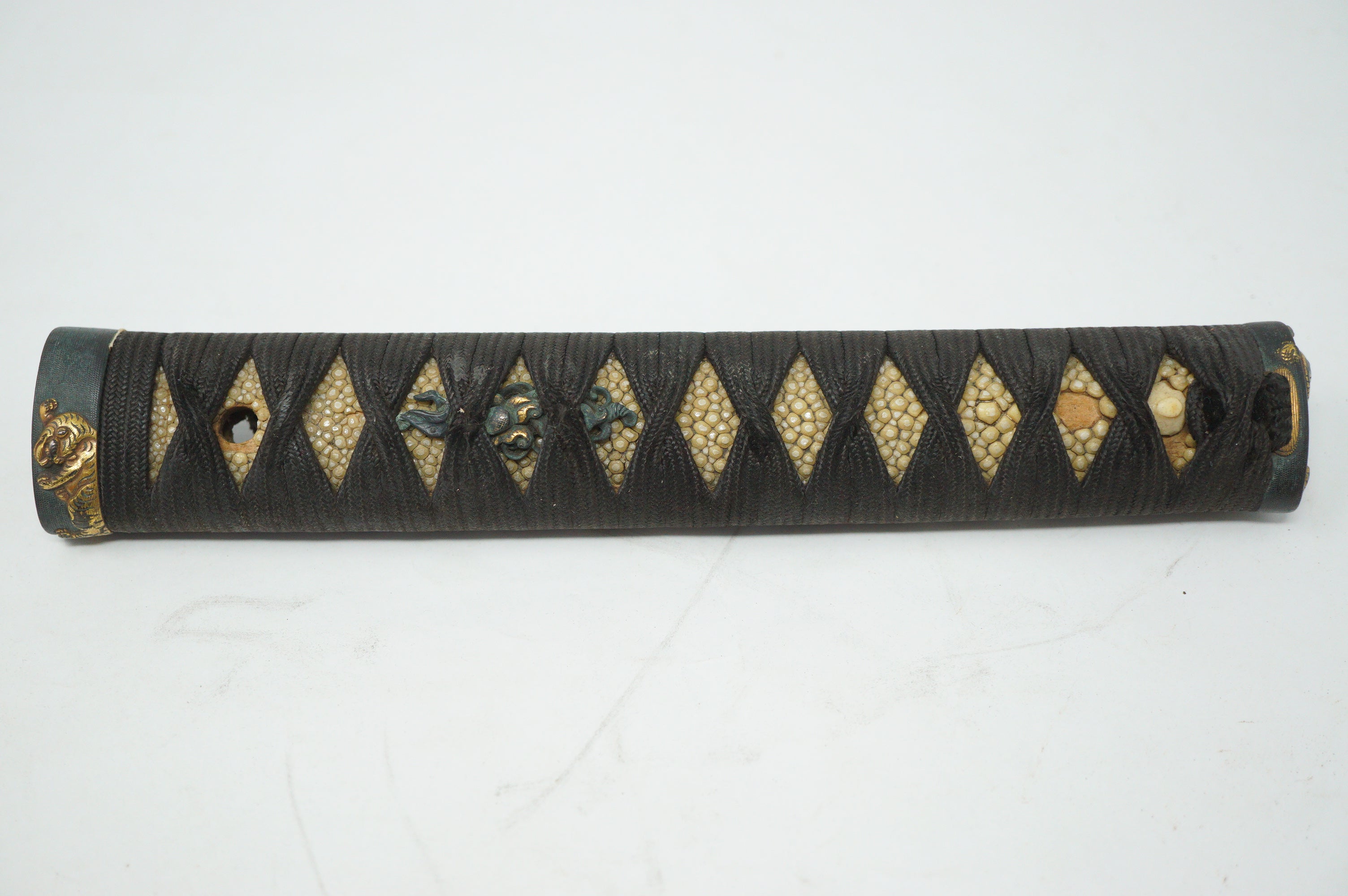 Japanese Katana Sword Parts Tsuka Handle Tiger Inlays Signed Tsuba Guard Original Set 0922F9