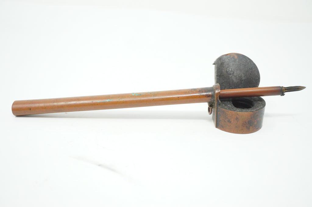Japanese Portable Calligraphy Ink Container Antique Yatate made of Copper incl. Brush 0930F9