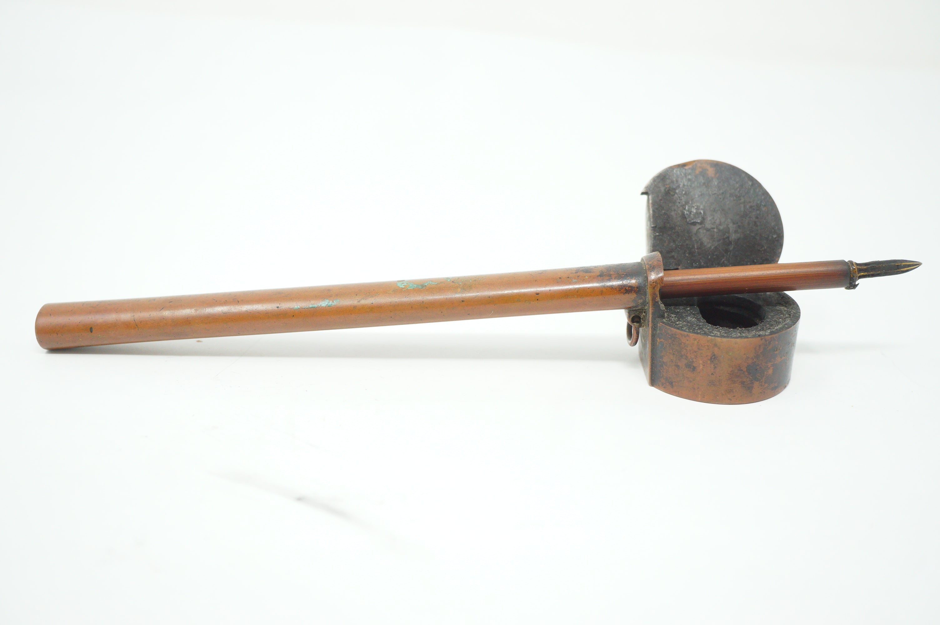 Japanese Portable Calligraphy Ink Container Antique Yatate made of Copper incl. Brush 0930F9