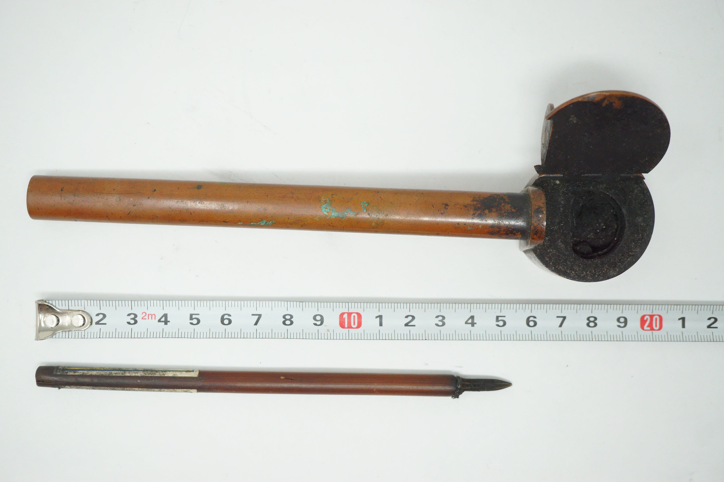 Japanese Portable Calligraphy Ink Container Antique Yatate made of Copper incl. Brush 0930F9