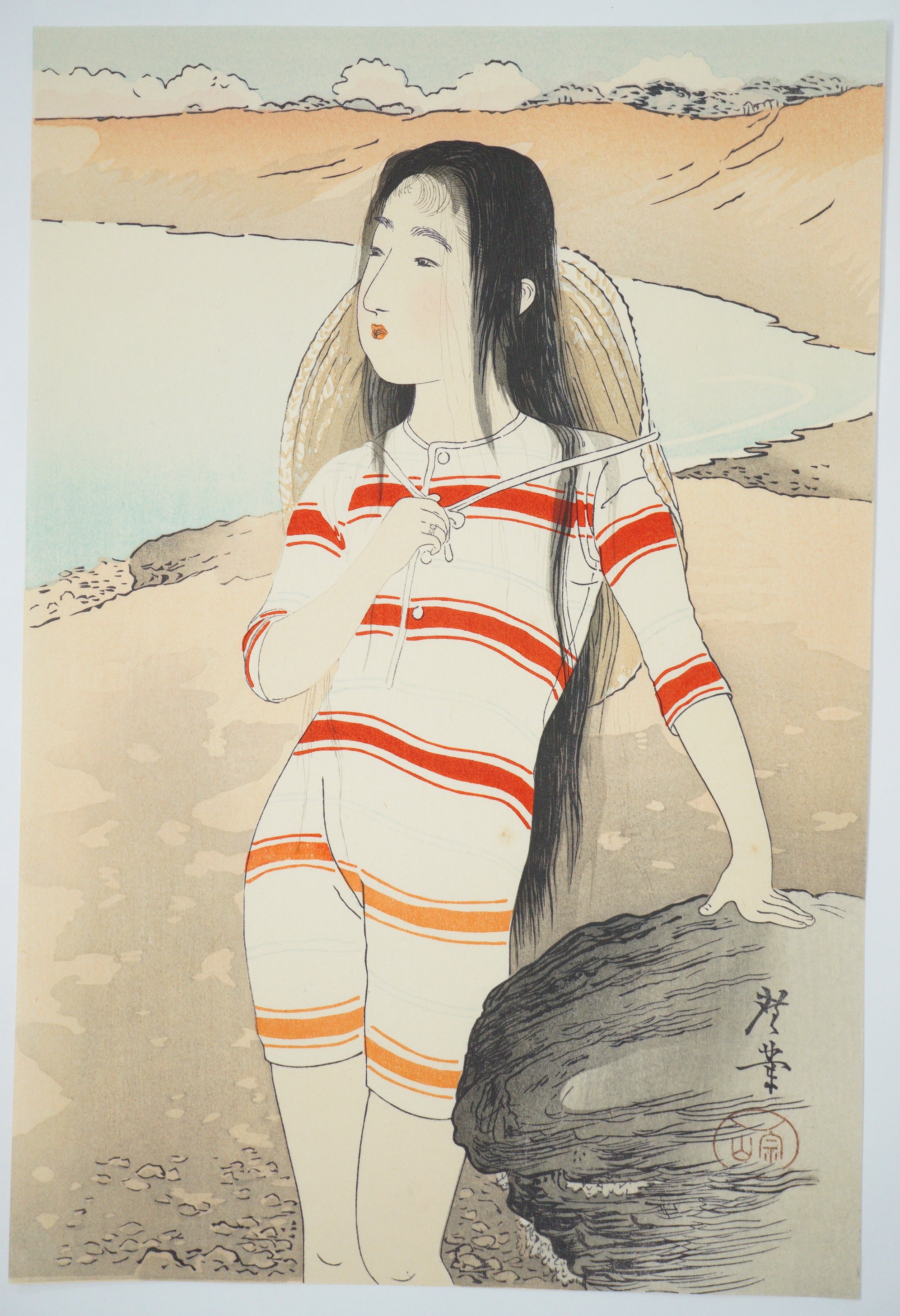 Japanischer Holzschnitt 1902 Original von Tsukioka Kogyo -Meeresbadende Schönheit- aus Japan 0625E9