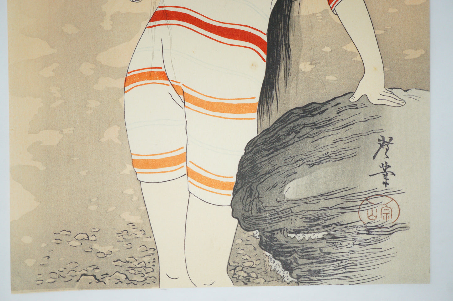 Japanese Woodblock Print 1902 Original by Tsukioka Kogyo -Sea-Bathing Beauty- from Japan 0625E9