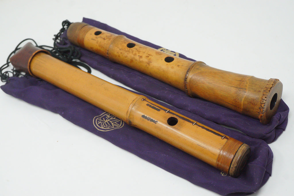 Japanese Antique Shakuhachi Flute Jointed Purple Fabric Bags Cap 0921G9