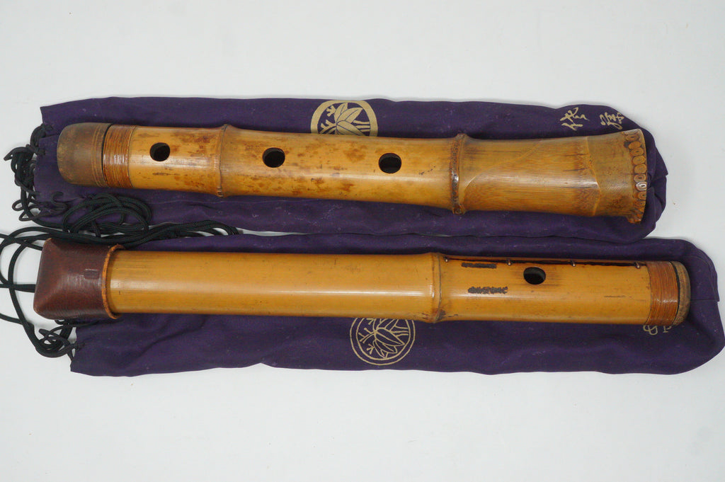 Japanese Antique Shakuhachi Flute Jointed Purple Fabric Bags Cap 0921G9