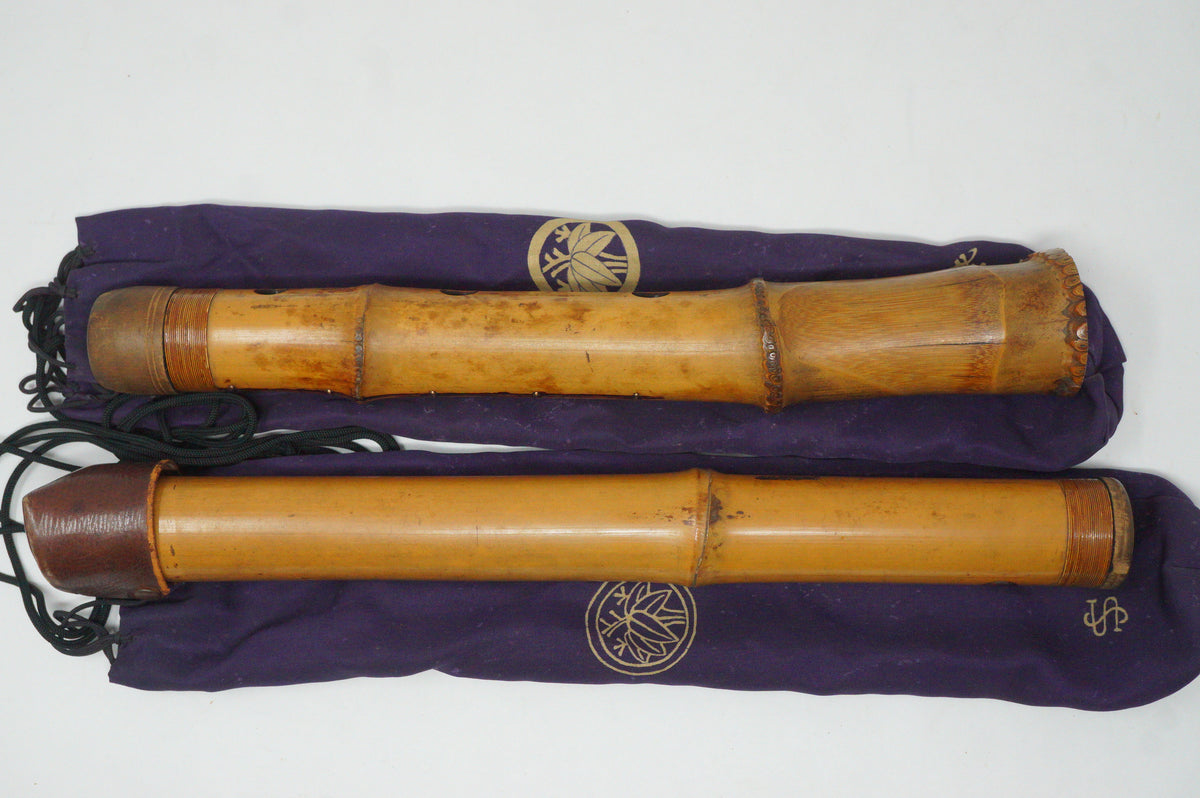 Japanese Antique Shakuhachi Flute Jointed Purple Fabric Bags Cap 0921G9
