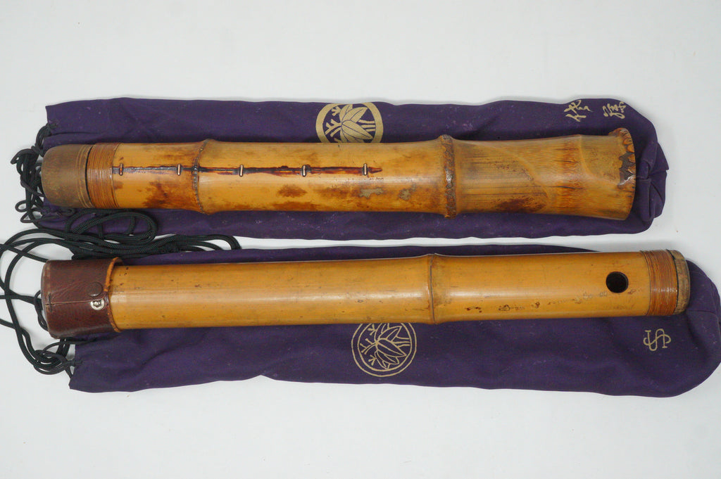 Japanese Antique Shakuhachi Flute Jointed Purple Fabric Bags Cap 0921G9