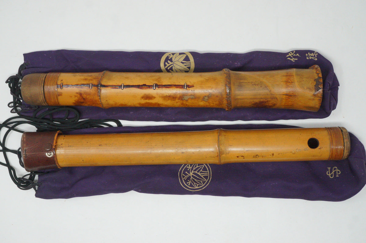 Japanese Antique Shakuhachi Flute Jointed Purple Fabric Bags Cap 0921G9