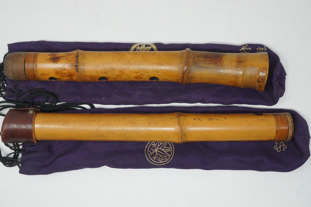 Japanese Antique Shakuhachi Flute Jointed Purple Fabric Bags Cap 0921G9