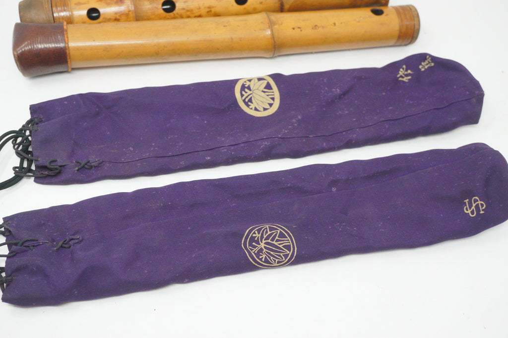 Japanese Antique Shakuhachi Flute Jointed Purple Fabric Bags Cap 0921G9