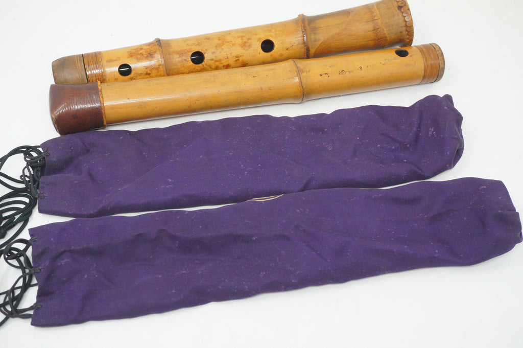 Japanese Antique Shakuhachi Flute Jointed Purple Fabric Bags Cap 0921G9