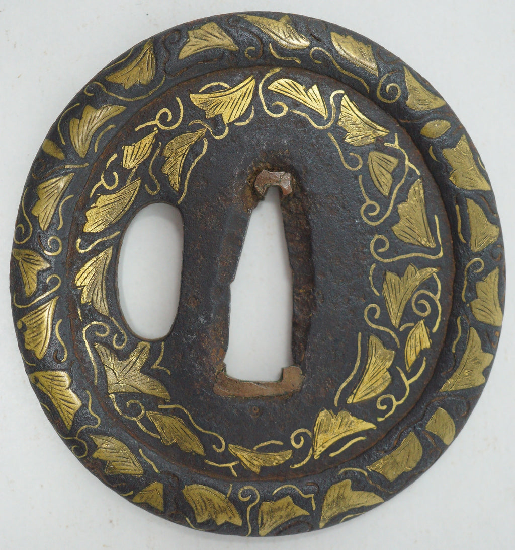 Japanese Tsuba Iron Sword Guard for Katana or Wakizashi with fine Gold Inlays 1201F9