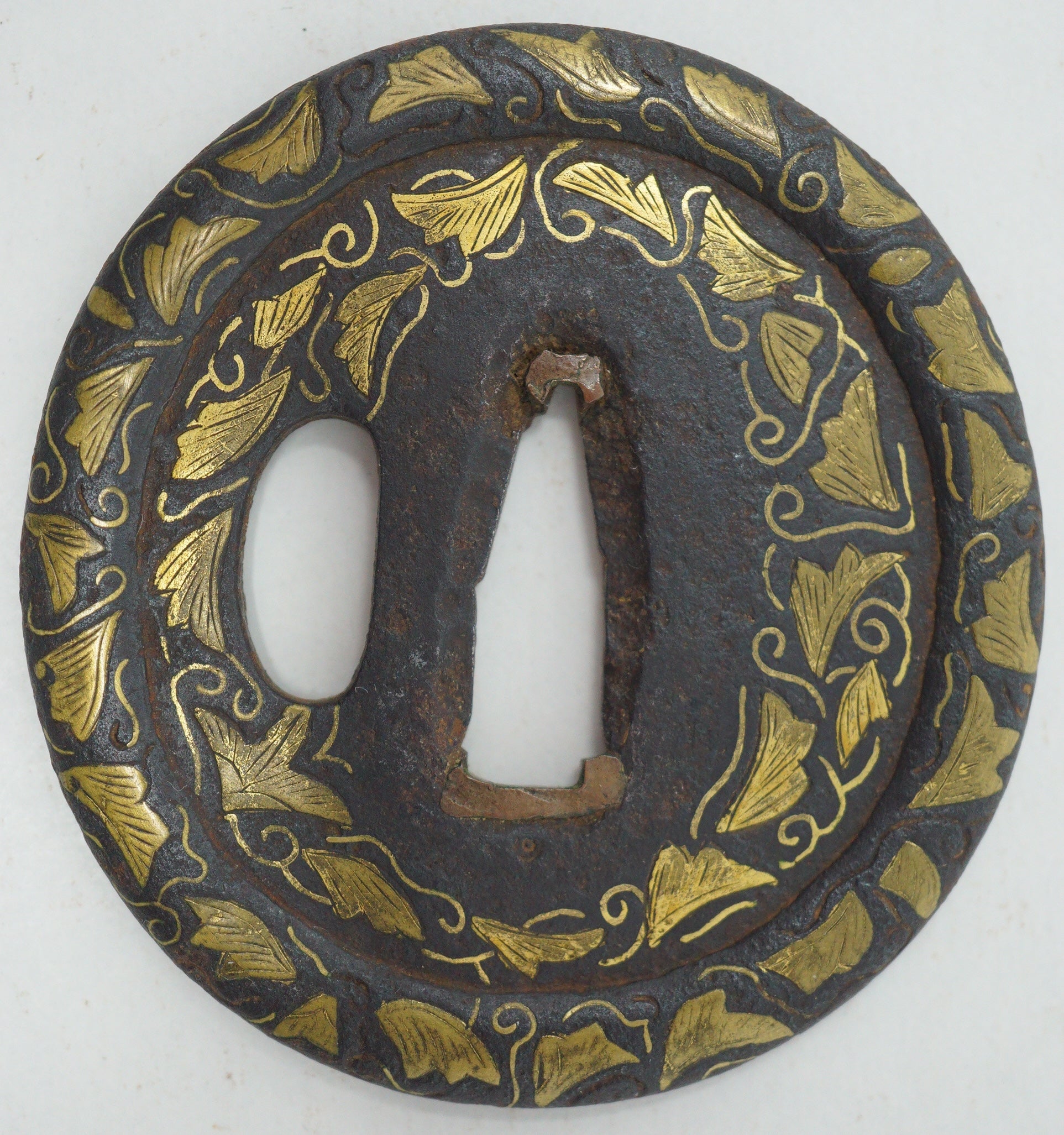 Japanese Tsuba Iron Sword Guard for Katana or Wakizashi with fine Gold Inlays 1201F9