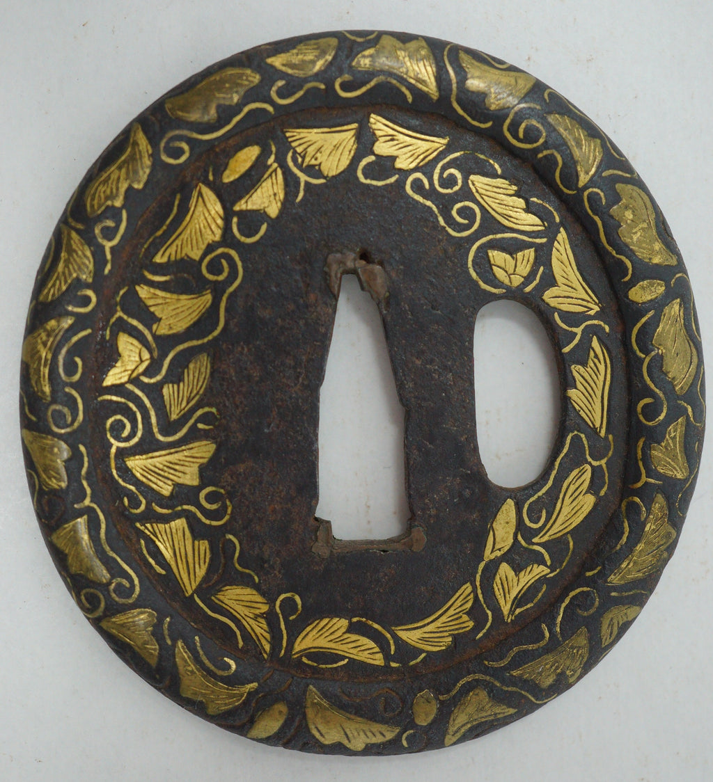 Japanese Tsuba Iron Sword Guard for Katana or Wakizashi with fine Gold Inlays 1201F9