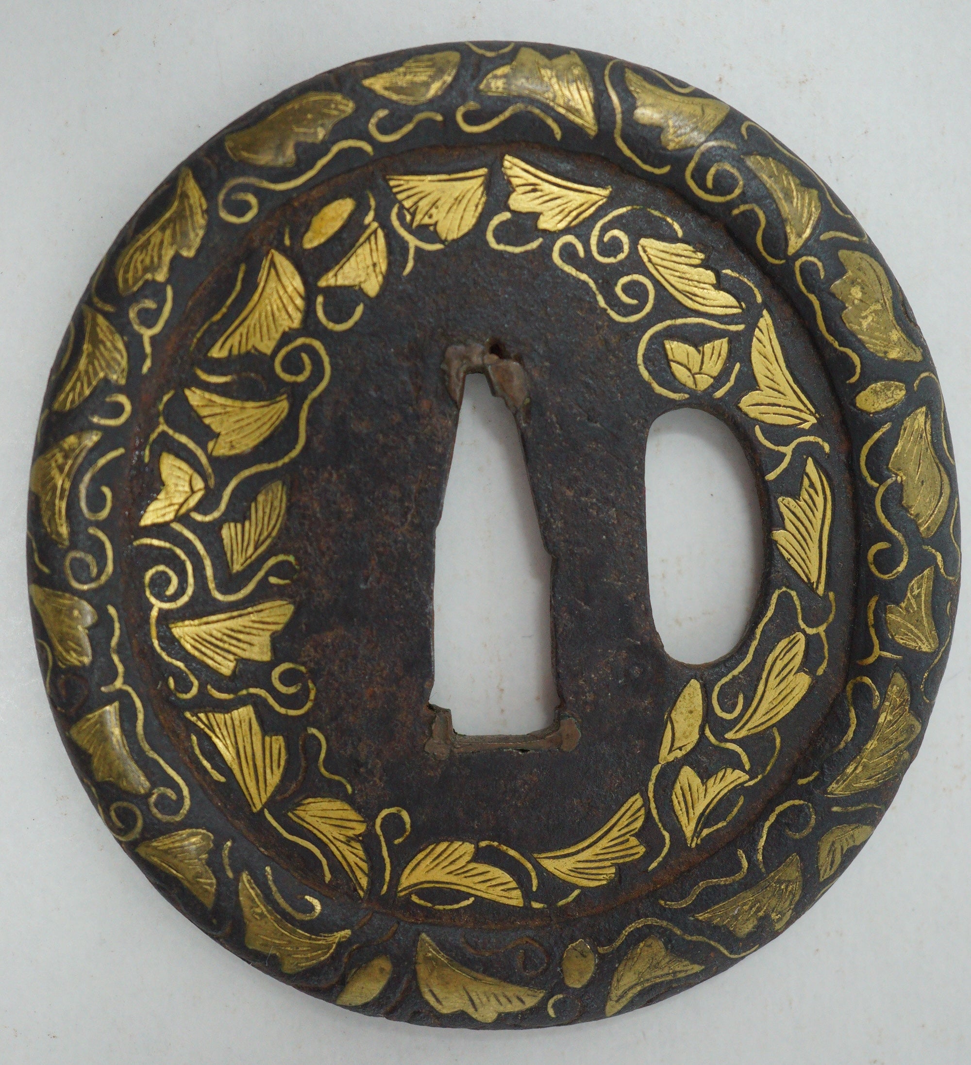 Japanese Tsuba Iron Sword Guard for Katana or Wakizashi with fine Gold Inlays 1201F9
