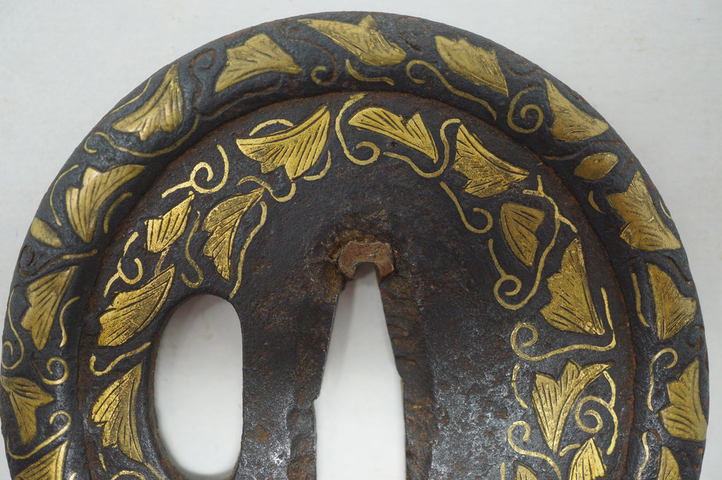 Japanese Tsuba Iron Sword Guard for Katana or Wakizashi with fine Gold Inlays 1201F9