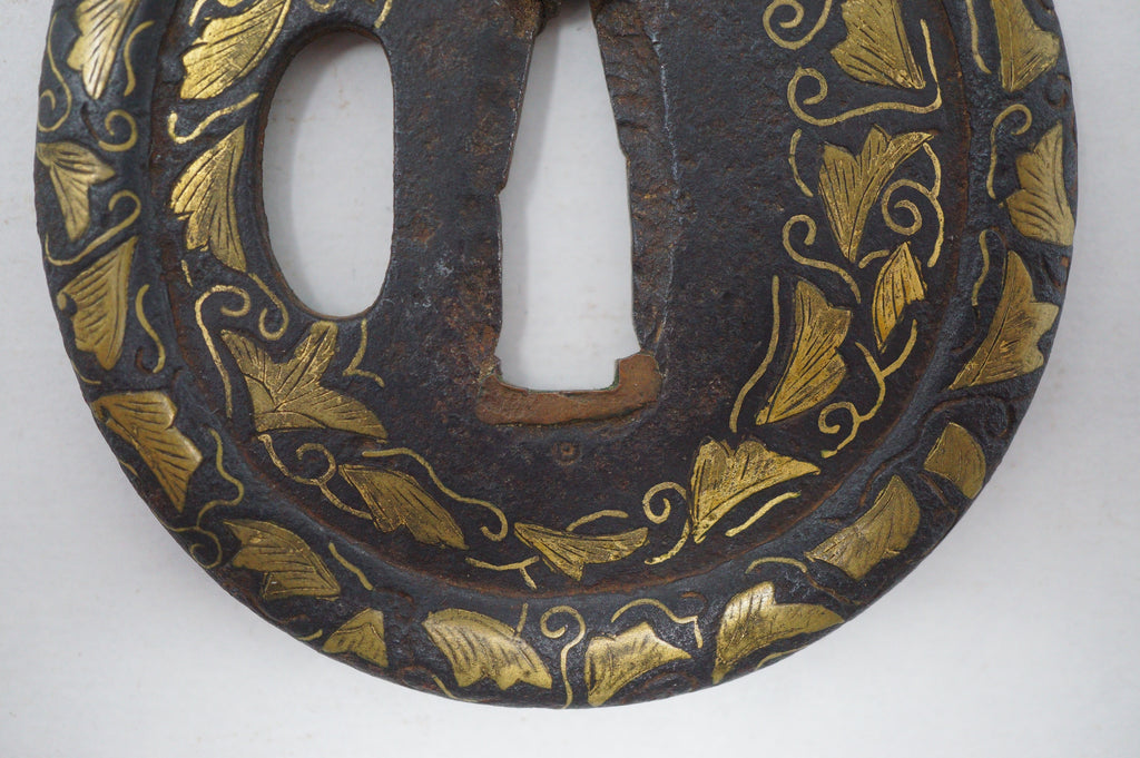 Japanese Tsuba Iron Sword Guard for Katana or Wakizashi with fine Gold Inlays 1201F9