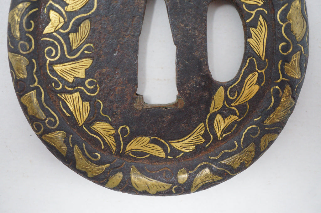 Japanese Tsuba Iron Sword Guard for Katana or Wakizashi with fine Gold Inlays 1201F9
