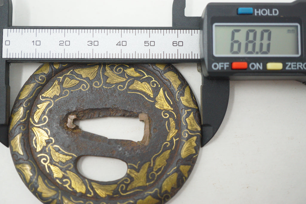 Japanese Tsuba Iron Sword Guard for Katana or Wakizashi with fine Gold Inlays 1201F9