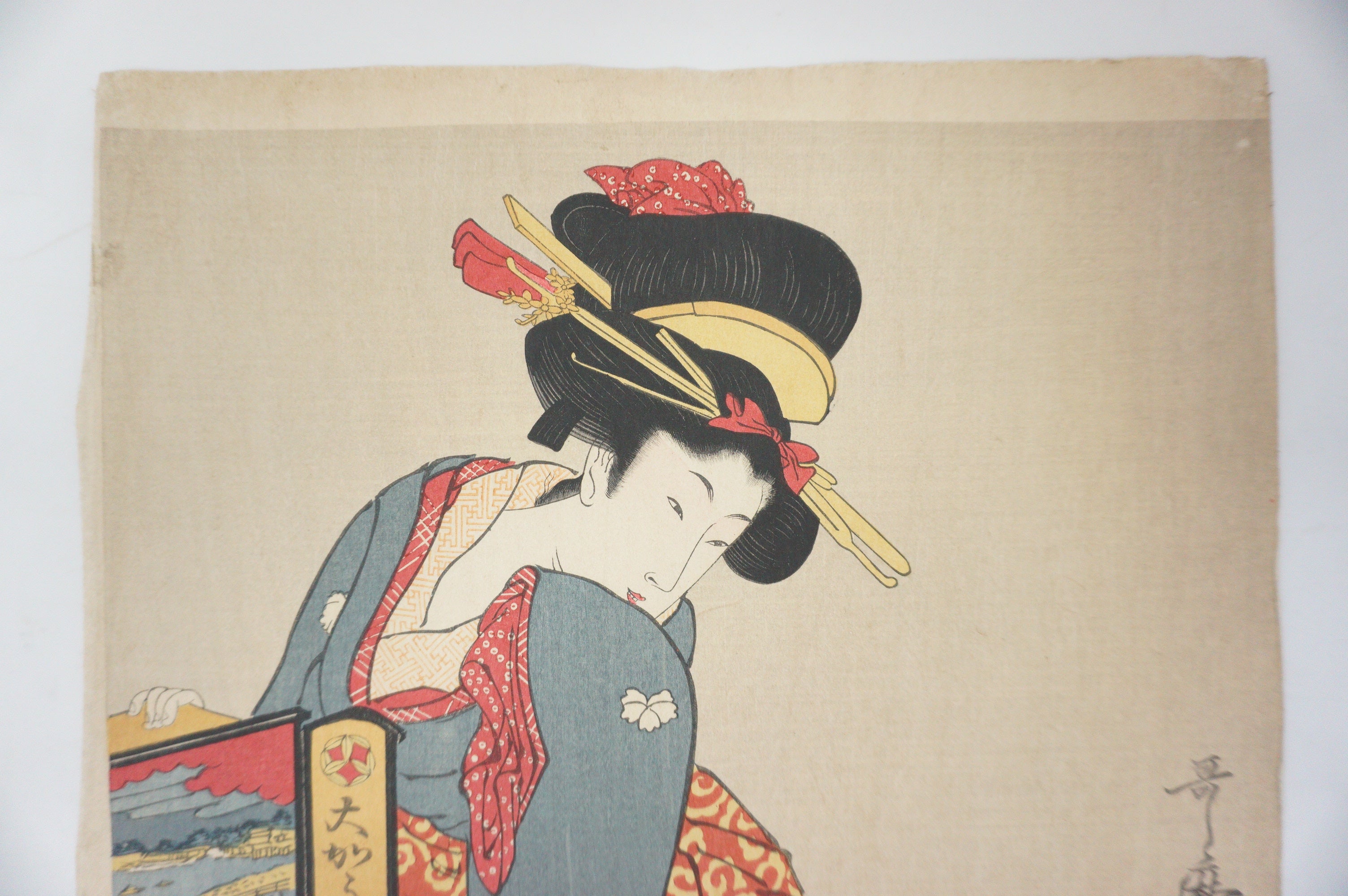 Japanische Holzschnitt-Recarved-Edition von Kitagawa Utamaro – Besichtigung einer Guckkastenshow 1105D9