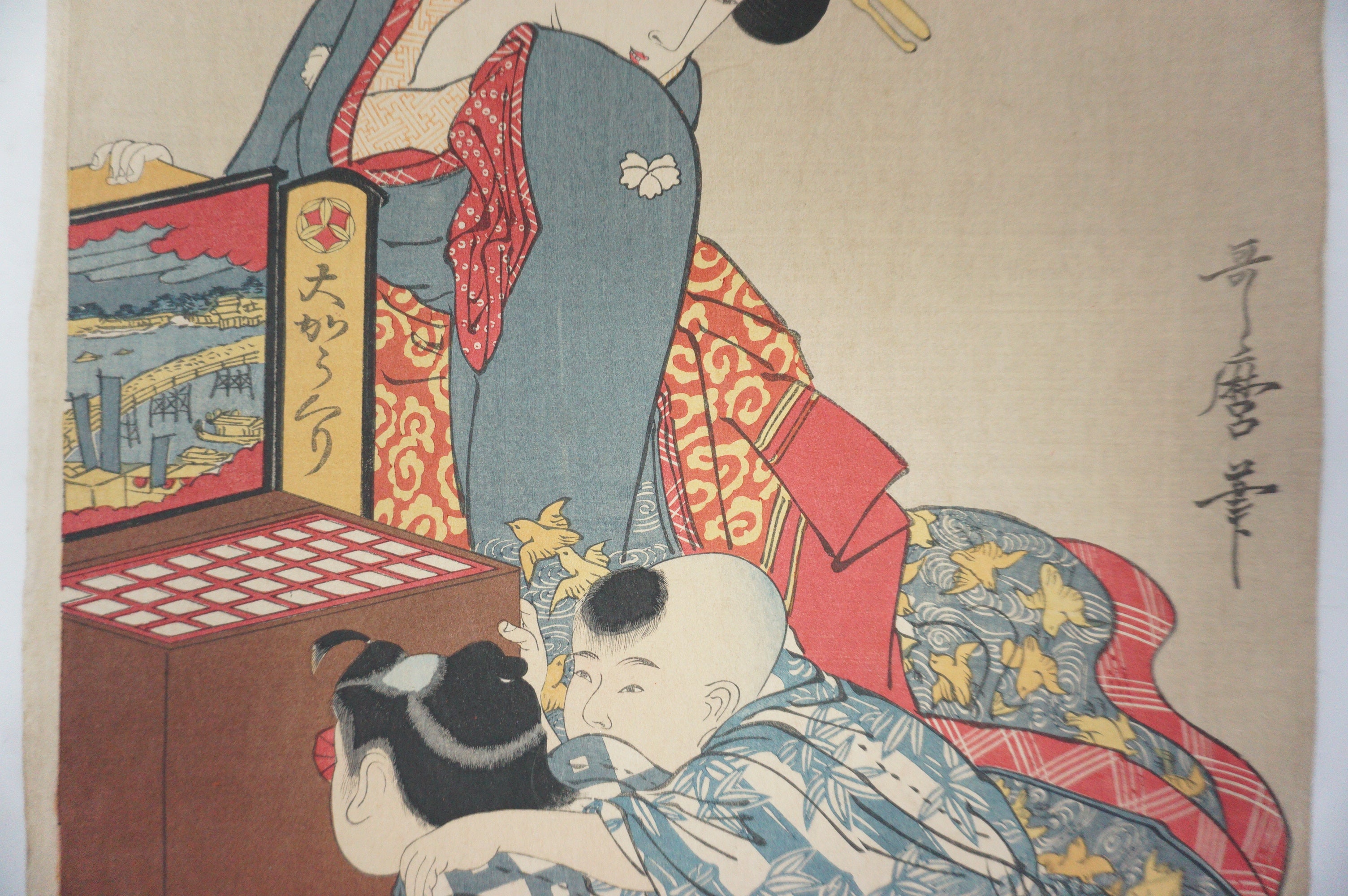 Japanische Holzschnitt-Recarved-Edition von Kitagawa Utamaro – Besichtigung einer Guckkastenshow 1105D9