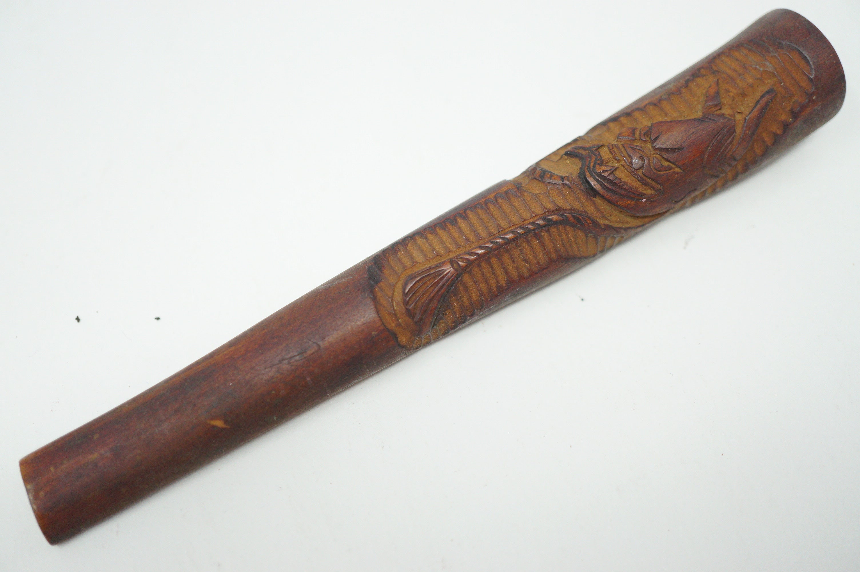 Japanisches antikes Zigarettenmundstück aus Holz mit geschnitztem Hannya-Masken-Design 0507E9