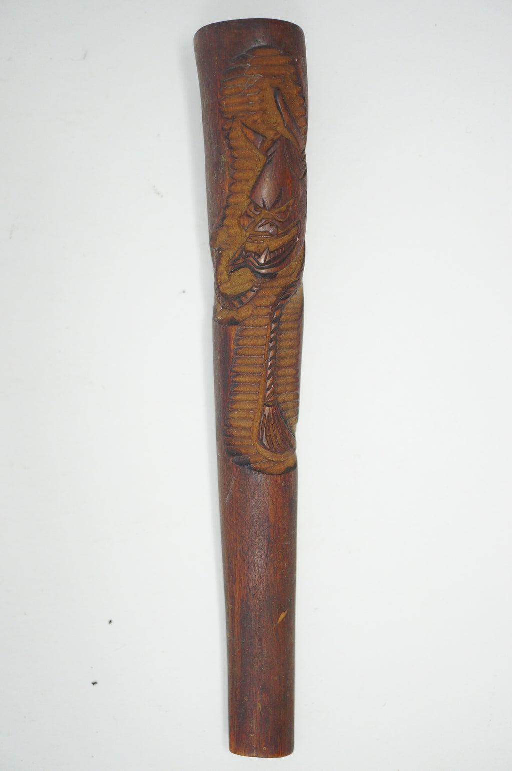 Japanisches antikes Zigarettenmundstück aus Holz mit geschnitztem Hannya-Masken-Design 0507E9