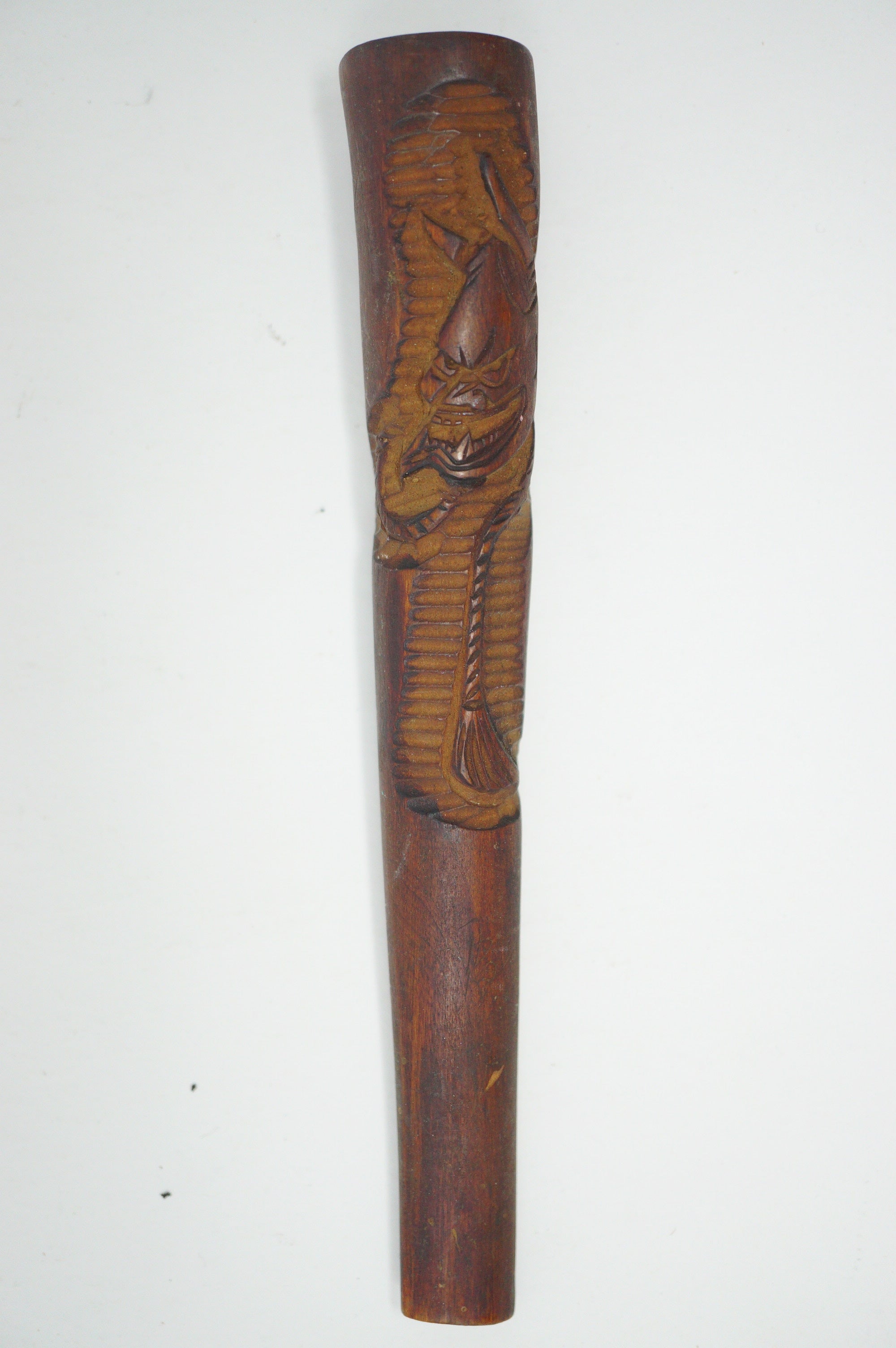 Japanisches antikes Zigarettenmundstück aus Holz mit geschnitztem Hannya-Masken-Design 0507E9